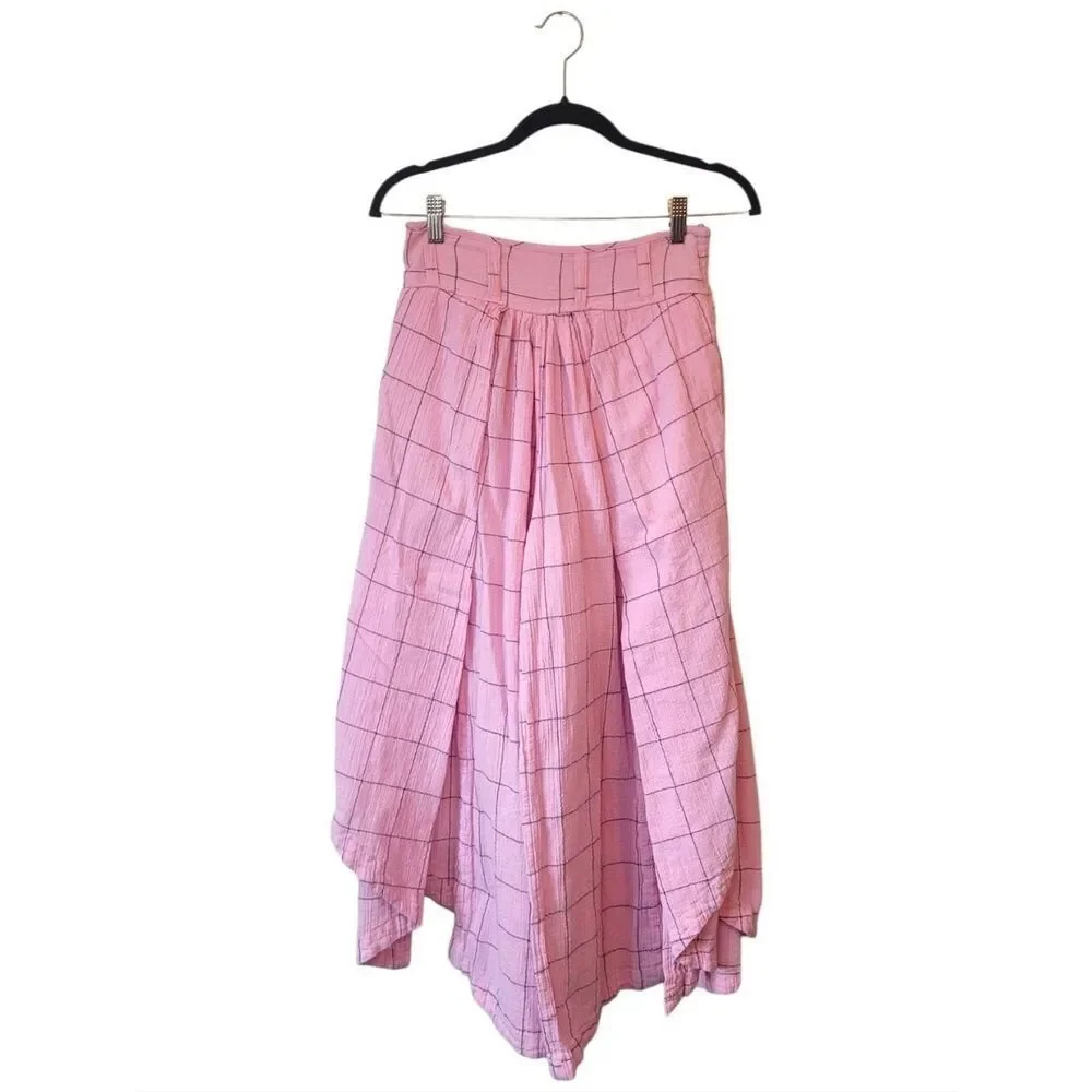 Free People Lunar Cove Women’s Pink Check Flowy Pants with Side Slits Size XS